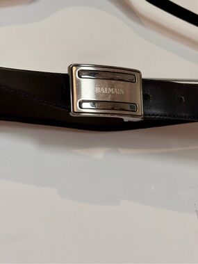 Balmain Black Leather Belt with Silver-Tone Plaque Buckle